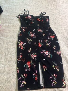 Madden Girl Black Midi Dress with Red & Pink Floral Print